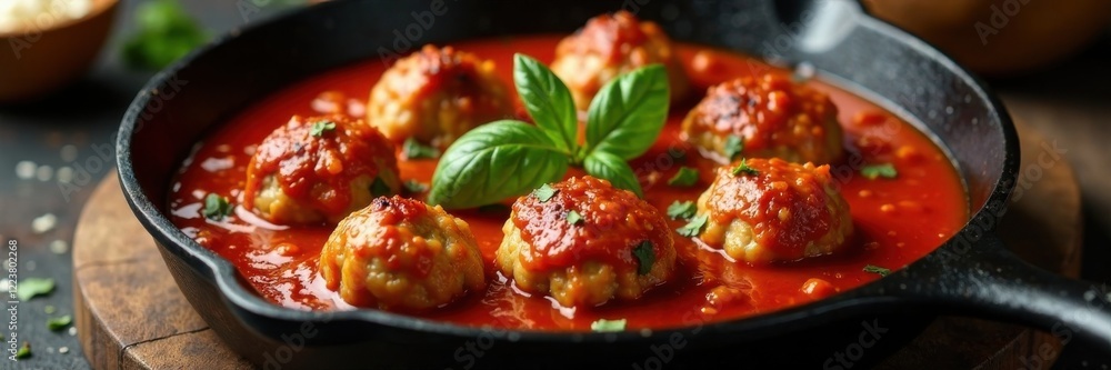 Cast iron skillet with tender meatballs and tangy tomato sauce , juicy, cast iron Cast iron skillet with tender meatballs and tangy tomato sauce , juicy, cast iron