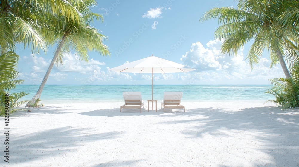 Tropical beach relaxation Two lounge chairs under a beach umbrella on a white sand beach, turquoise ocean and palm trees in the background. Ideal for travel brochures Tropical beach relaxation Two lounge chairs under a beach umbrella on a white sand beach, turquoise ocean and palm trees in the background. Ideal for travel brochures