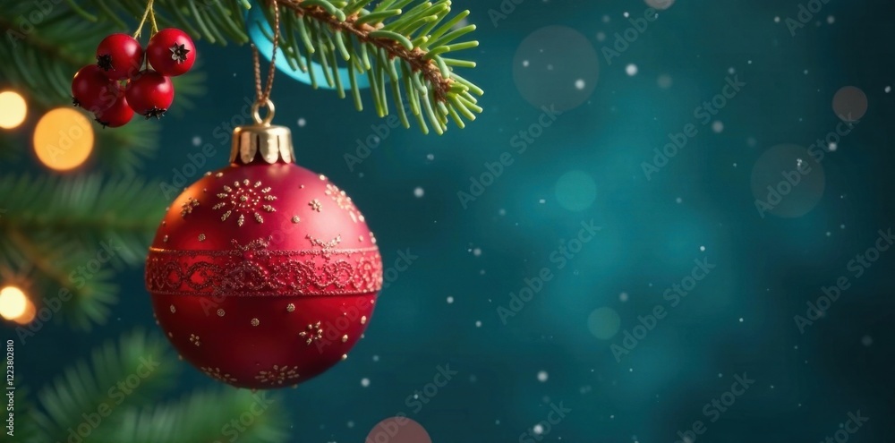 Ornament with red berries hanging from blue string, greenery, Christmas decorations, Christmas Ornament with red berries hanging from blue string, greenery, Christmas decorations, Christmas