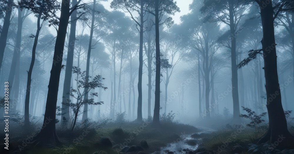 Dense forest with silhouetted trees and wildlife amidst misty atmosphere, blue hues dominate , mist, blue, forest Dense forest with silhouetted trees and wildlife amidst misty atmosphere, blue hues dominate , mist, blue, forest
