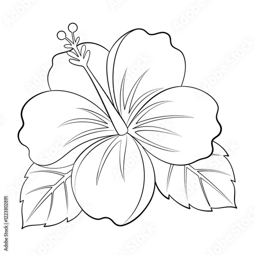 Hibiscus doodle style line art. hibiscus flower Hand drawn black and white. Tropical exotic plant foliage element for web graphic design poster tattoo Coloring page. Vector illustration