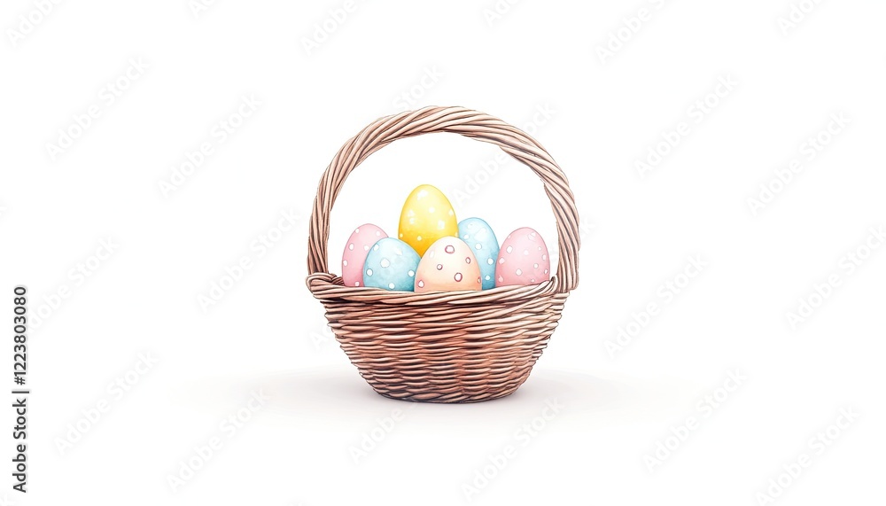 A beautifully arranged basket filled with colorful Easter eggs, set against a plain background A beautifully arranged basket filled with colorful Easter eggs, set against a plain background