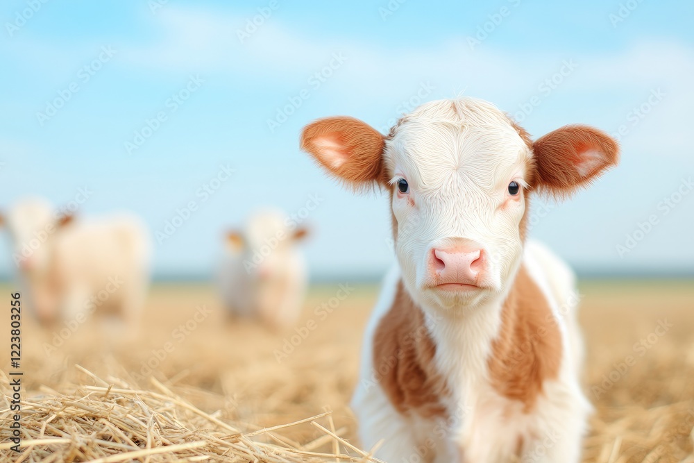 Obraz premium Young calf standing in a sunny field surrounded by hay, with distant cows grazing in the background