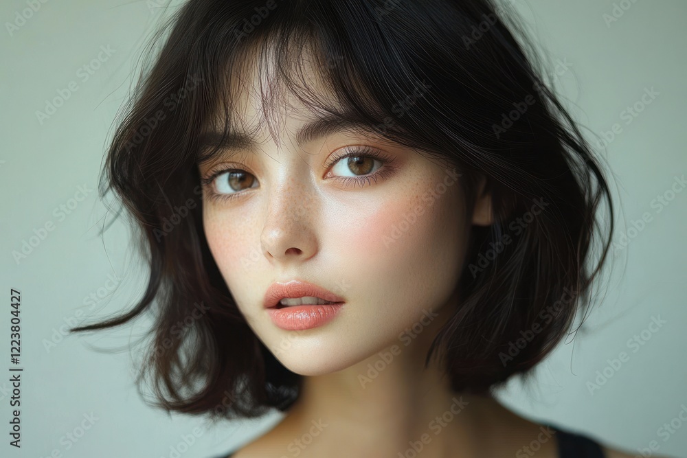 Minimalist Portrait of a Beautiful Asian Woman with Black Hair in Soft Natural Light Minimalist Portrait of a Beautiful Asian Woman with Black Hair in Soft Natural Light