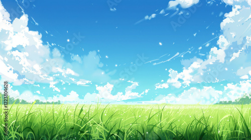 vibrant landscape featuring lush green grass under bright blue sky with fluffy white clouds. scene evokes sense of tranquility and natural beauty