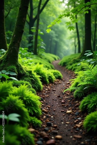 Dirt path with moss and ferns, Wild, Forest, Overgrown