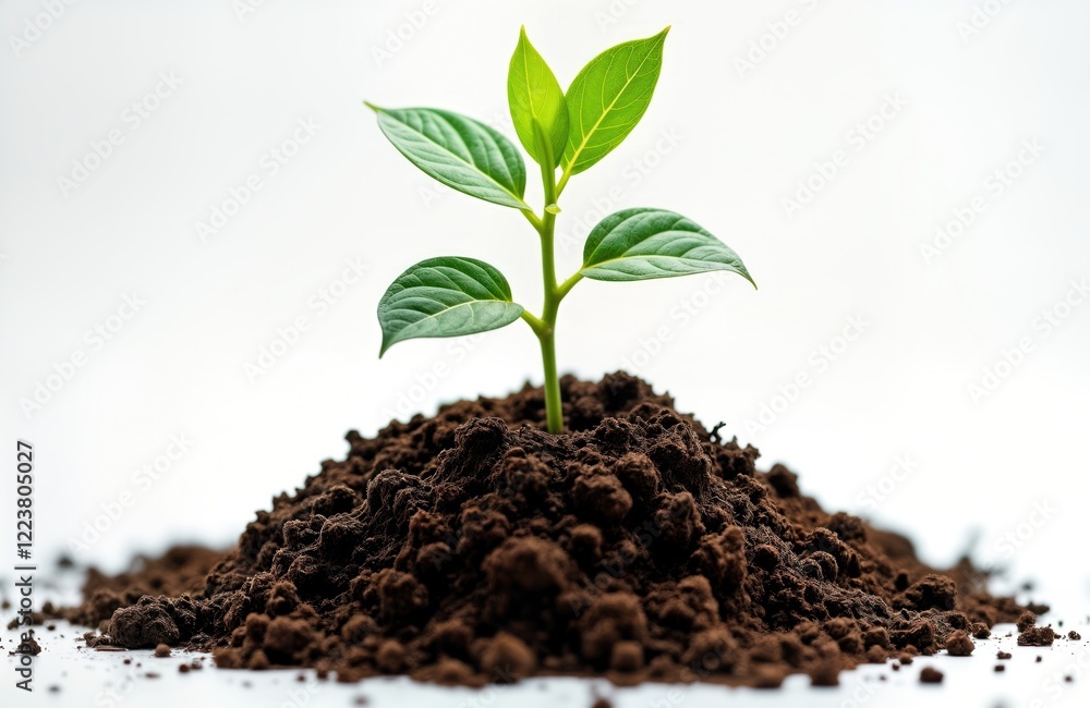 Young green plant sprouts from dark brown soil pile. Growth starts from earth. New life begins. Fresh spring eco concept. Isolated image with natural organic element. Healthy plant grows in ground. Young green plant sprouts from dark brown soil pile. Growth starts from earth. New life begins. Fresh spring eco concept. Isolated image with natural organic element. Healthy plant grows in ground.