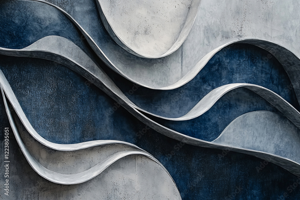 Abstract wavy wall design with shades of blue and gray, creating a modern artistic backdrop