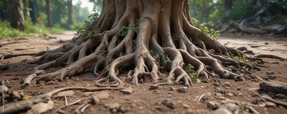 Earthy landscape with roots and vines growing out of a tree stump , outdoor, nature, forest Earthy landscape with roots and vines growing out of a tree stump , outdoor, nature, forest