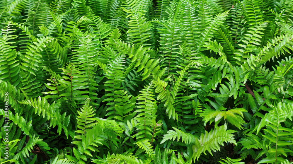 Lush green ferns create vibrant and natural backdrop, showcasing their intricate leaf patterns and textures. This dense foliage evokes sense of tranquility and connection to nature