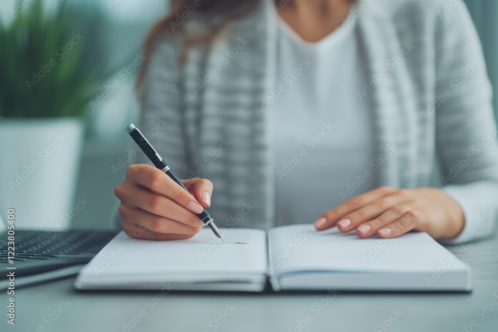 A woman writing notes in a notebook with a pen, showcasing productivity and organization in a modern workspace. A woman writing notes in a notebook with a pen, showcasing productivity and organization in a modern workspace.