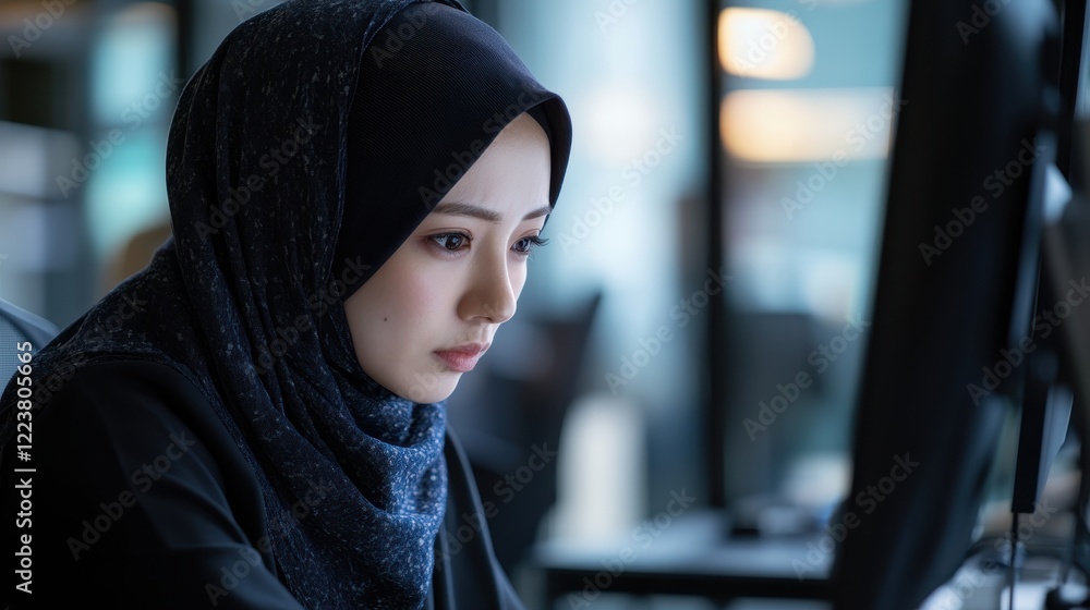 Woman in Hijab Focused on Computer Work Woman in Hijab Focused on Computer Work