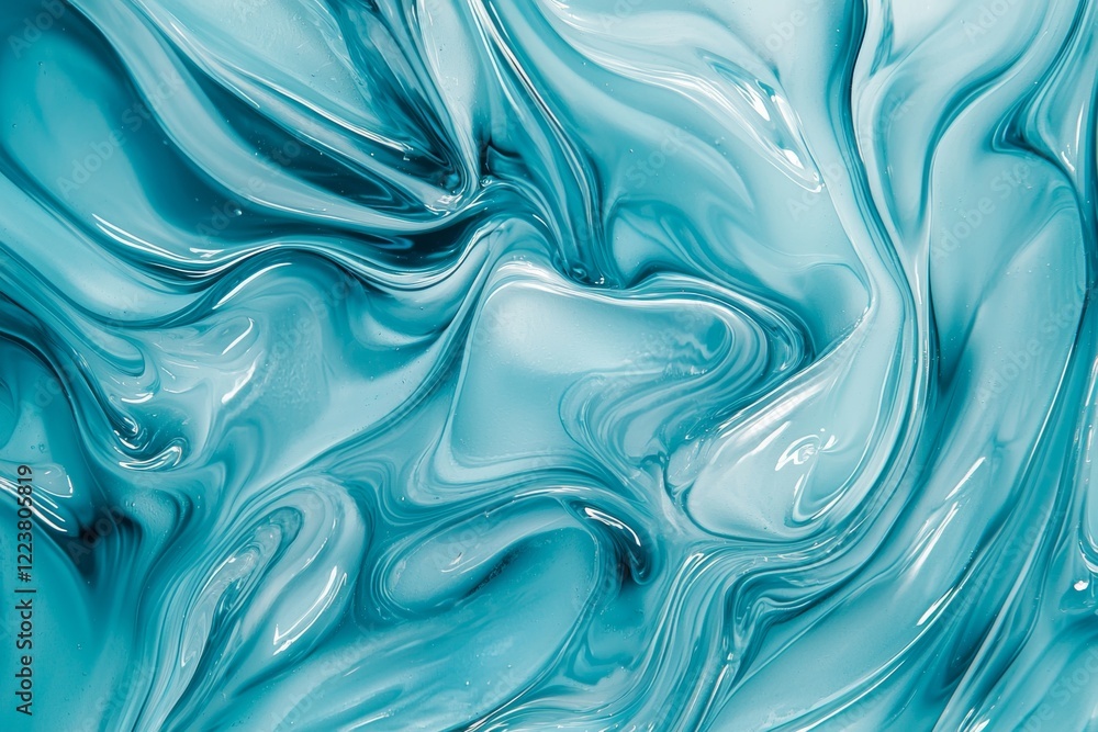 Obraz premium Turquoise and light blue paints swirling together create a captivating marble effect, offering a stunning backdrop for various design projects and artistic endeavors