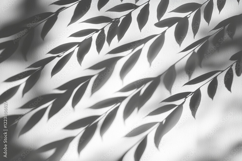 Delicate leaf silhouettes create a pattern of shadows on a textured wall, evoking a sense of tranquility and natural beauty. The interplay of light and shadow highlights organic forms Delicate leaf silhouettes create a pattern of shadows on a textured wall, evoking a sense of tranquility and natural beauty. The interplay of light and shadow highlights organic forms