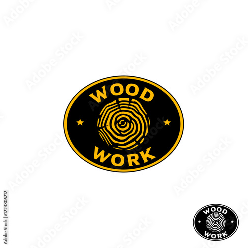 The logo illustration showcases woodwork, featuring a wood grain design in yellow and black colors.