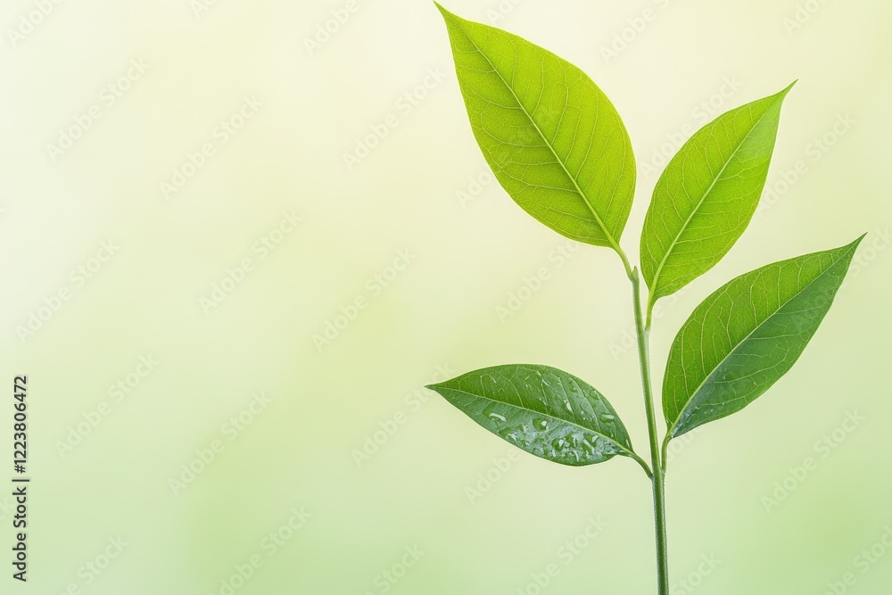 Fresh green leaves emerging from a slender stem against a soft, blurred background Fresh green leaves emerging from a slender stem against a soft, blurred background