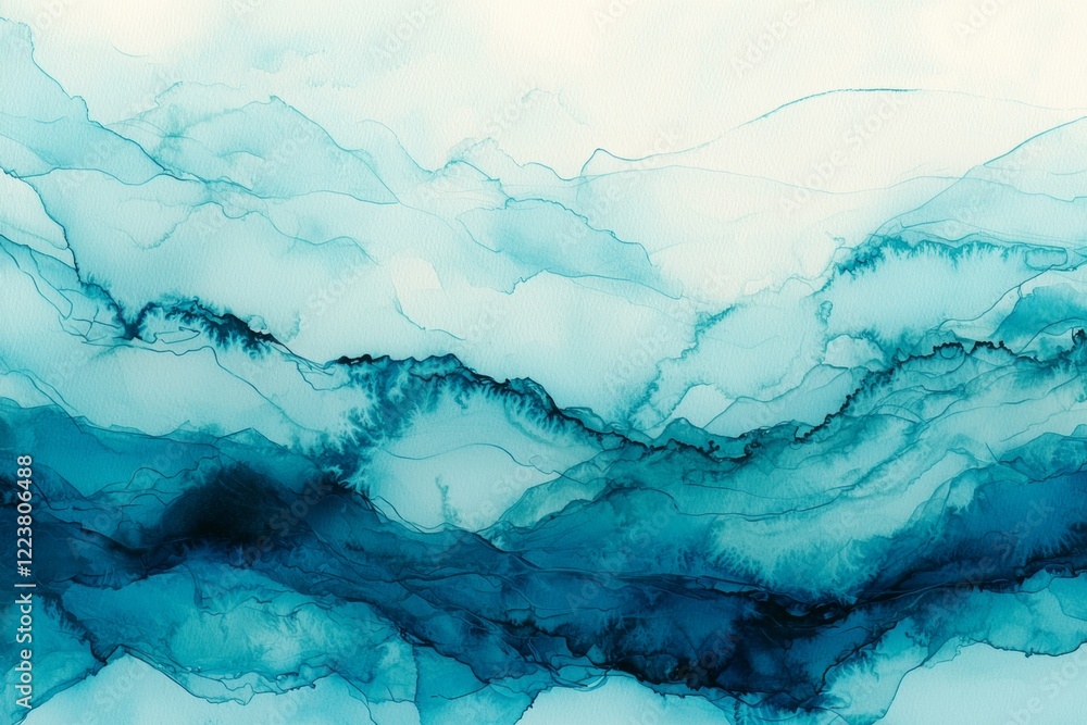 Obraz premium Alcohol ink painting creating abstract ocean waves, featuring deep blue and vibrant turquoise colors. This beautiful artwork evokes a sense of calm and relaxation, enhancing any space