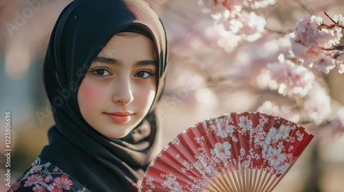 Young Woman Wearing Hijab Holds Floral Fan Near Blossoms photo