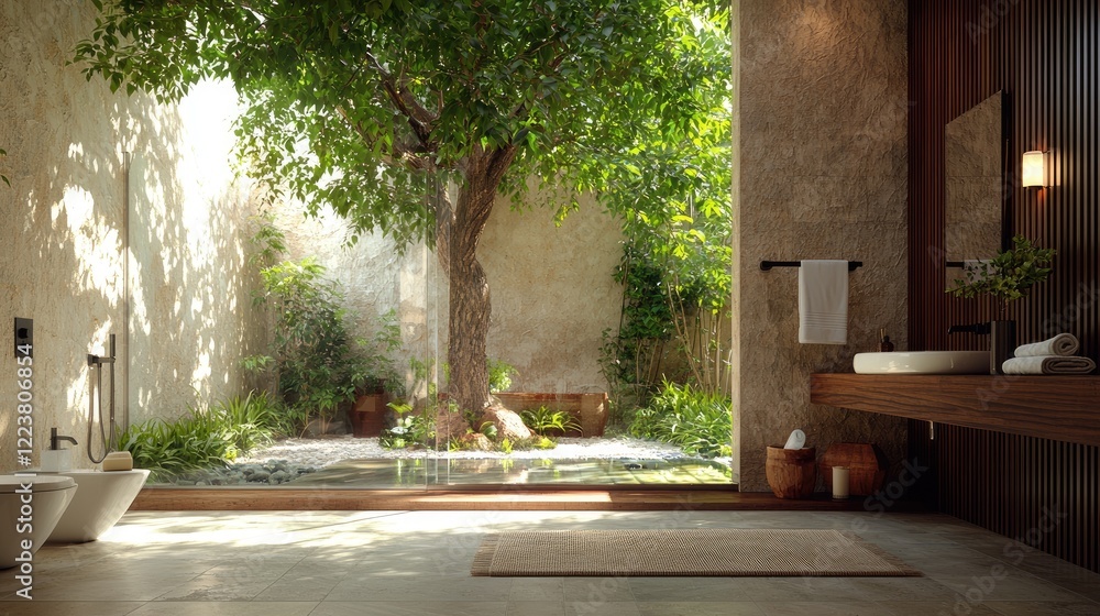 Fototapeta premium Luxurious bathroom with garden view, sunlight, relaxation