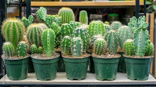 A series of green cactus pots arranged on a shelf, adding a touch of greenery to the interior.