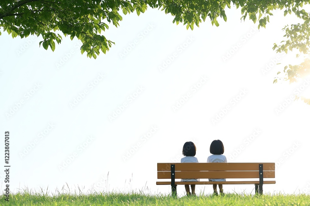 Two girls sitting on a park bench under a tree, enjoying a peaceful afternoon with sunlight Two girls sitting on a park bench under a tree, enjoying a peaceful afternoon with sunlight