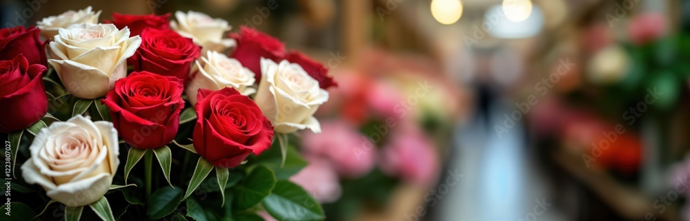 Closeup view of beautiful bouquet of red, white roses. Roses fresh, vibrant. Bouquet displayed in flower shop. Blurred background displays flowers, plants. Retail business setting shows professional Closeup view of beautiful bouquet of red, white roses. Roses fresh, vibrant. Bouquet displayed in flower shop. Blurred background displays flowers, plants. Retail business setting shows professional