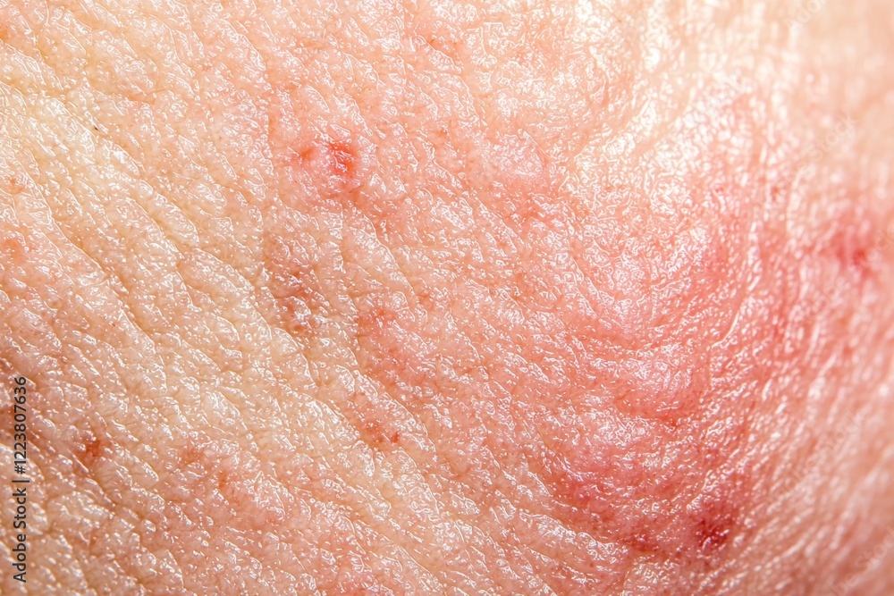 Fototapeta premium Close-up view of inflamed skin showing redness, irritation, and potential signs of dermatitis, highlighting the texture and discoloration associated with skin conditions
