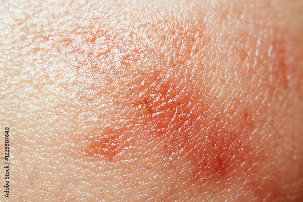 Fototapeta premium Close-up of irritated skin showing redness, inflammation, and potential allergic reaction, highlighting skin health and dermatological concerns