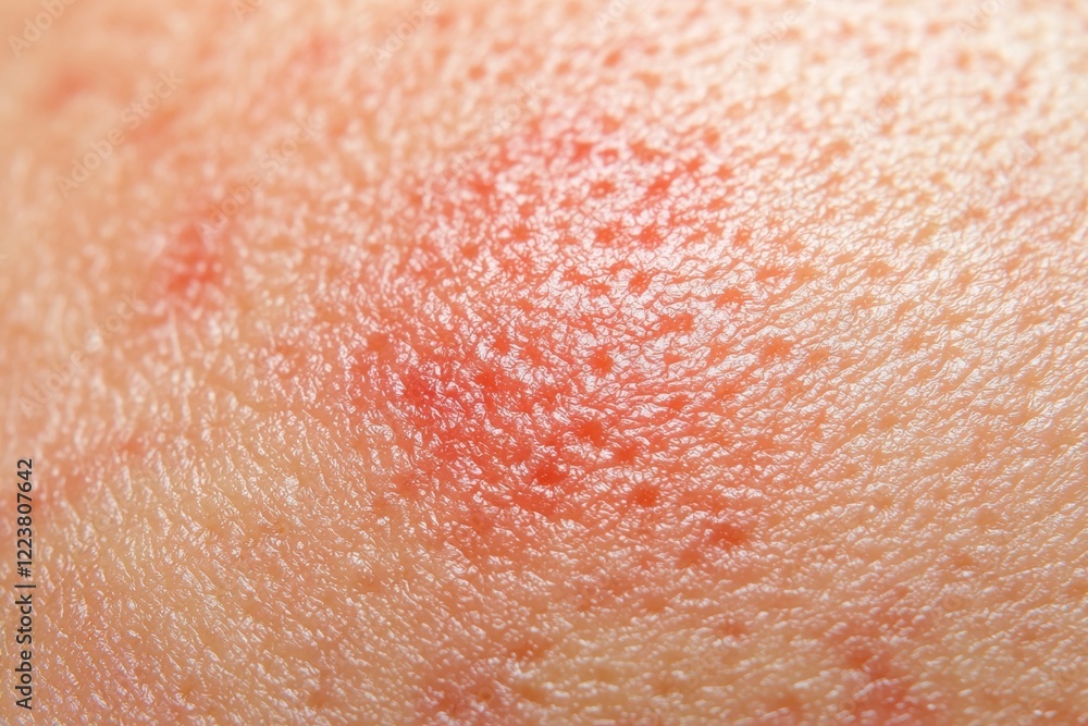 Fototapeta premium Close-up view of an allergic skin reaction causing redness, irritation, and inflammation, highlighting the texture and sensitivity of affected skin area