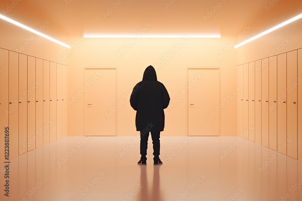 Fototapeta premium A solitary figure in a black hoodie stands in a minimalistic orange corridor with closed doors