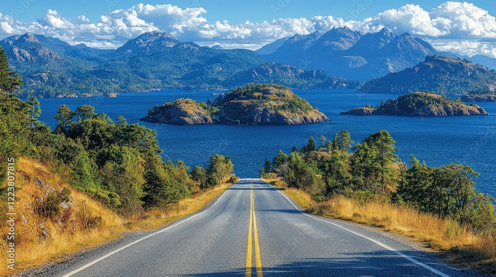 Obraz premium Scenic Highway Winding Towards Majestic Mountains and Islands