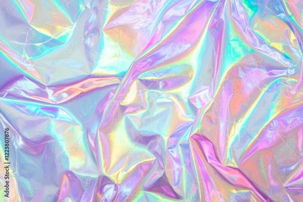 Fototapeta premium Holographic iridescent wrinkled material forms an abstract futuristic background with pastel colors and shiny surface, perfect for modern and trendy designs