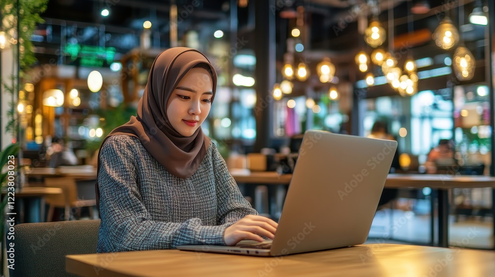 Woman in hijab working on laptop in cafe Woman in hijab working on laptop in cafe