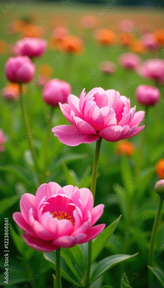 Fototapeta premium Fresh peony flowers in a field, wildflowers, peonies, field