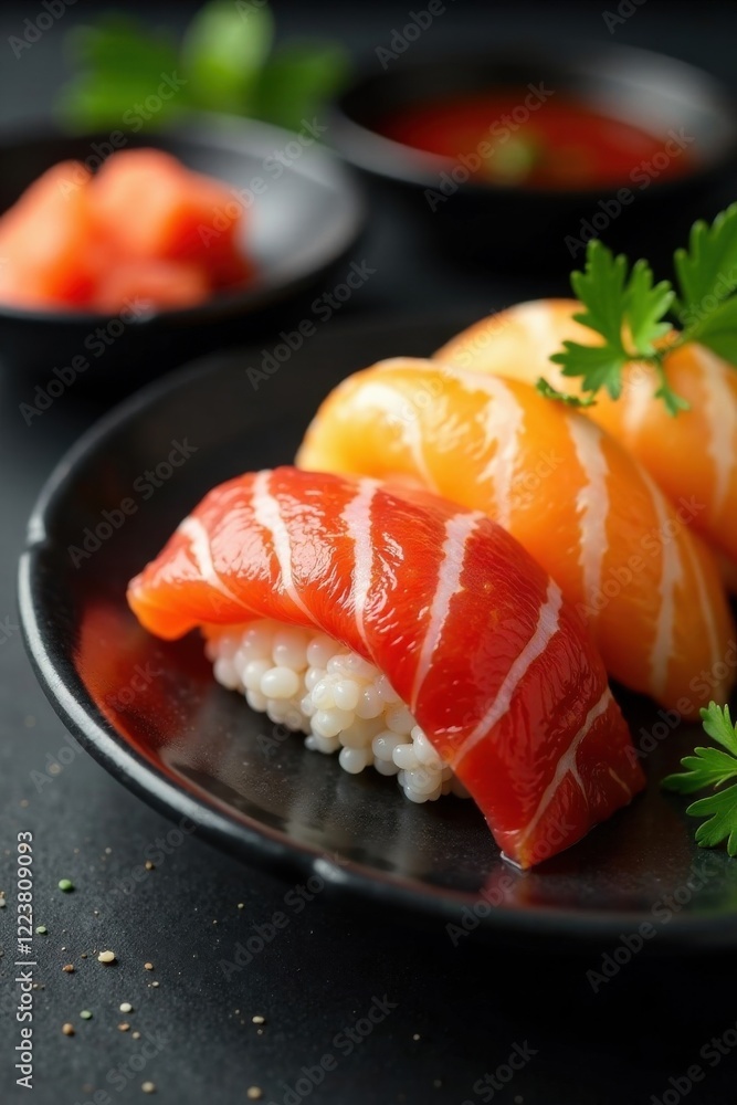 Sushi plate with raw fish and seaweed, sushi, sushi rice Sushi plate with raw fish and seaweed, sushi, sushi rice