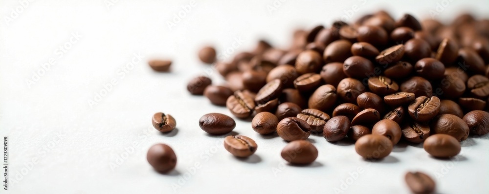 Freshly roasted coffee beans scattered on a white surface, white background, roast Freshly roasted coffee beans scattered on a white surface, white background, roast