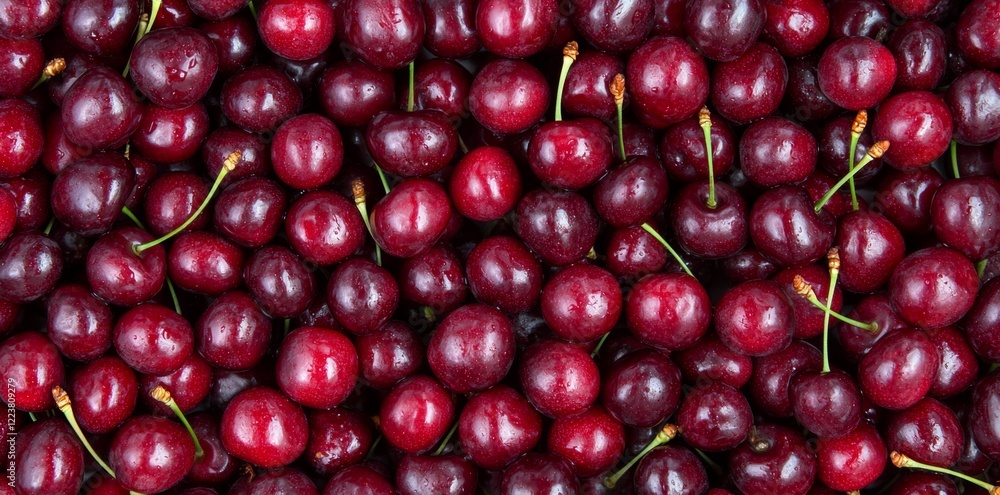 Ripe red cherries with green stems create a captivating close-up, showcasing their freshness and vibrant color, ideal for food-related visuals Ripe red cherries with green stems create a captivating close-up, showcasing their freshness and vibrant color, ideal for food-related visuals