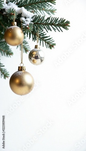 Frosty tree branches with ornaments hanging gold isolated on white background, christmas tree, gold, snow