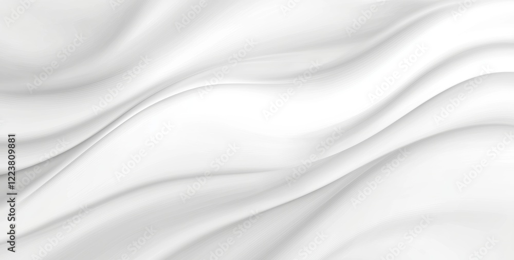 Smooth white satin fabric flowing and forming gentle waves creating an elegant and luxurious background, perfect for showcasing high-end products or conveying a sense of purity and sophistication