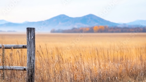 Autumnal field, mountains, fence, sunrise.  Peaceful landscape, nature photography