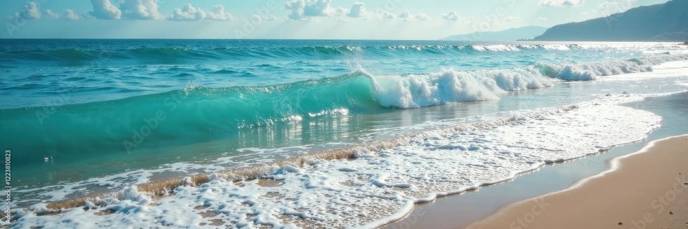 Fototapeta premium Gentle ocean waves gently lap against the shore , wave, sea, shoreline