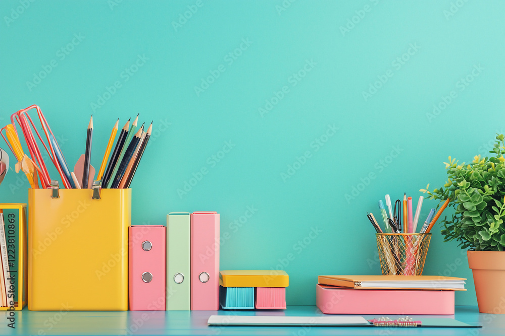Fototapeta premium Colorful desk setup with stationery, plants, and organization tools against a bright turquoise background