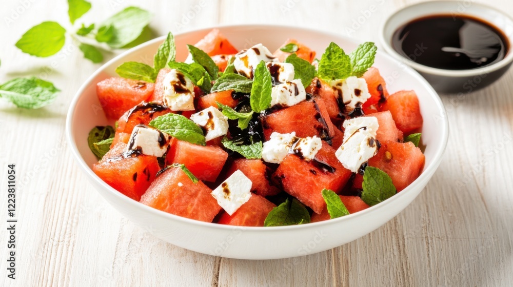 A colorful and refreshing watermelon salad with feta cheese, mint leaves, and a drizzle of balsamic glaze A colorful and refreshing watermelon salad with feta cheese, mint leaves, and a drizzle of balsamic glaze