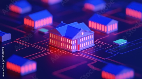 Digital Health Center Surrounded by Small Houses and Neon Lights