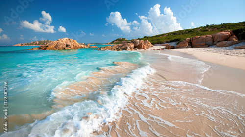 serene beach scene featuring turquoise water, soft waves, and rocky formations under bright blue sky with fluffy clouds. tranquil atmosphere invites relaxation and enjoyment of nature