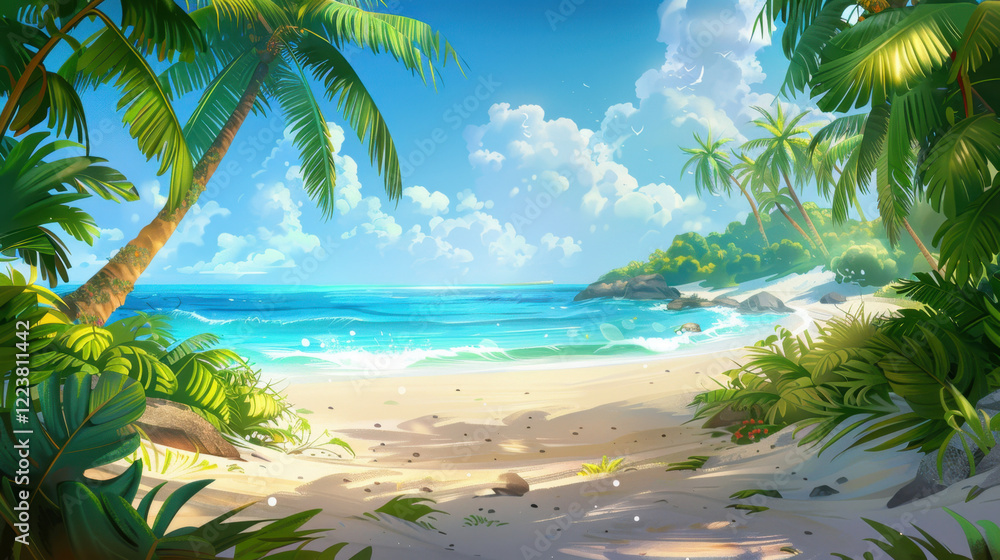 Fototapeta premium serene tropical beach scene with palm trees, clear blue water, and soft sand. vibrant colors and lush greenery create peaceful atmosphere, perfect for relaxation