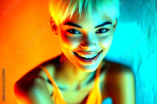 Gorgeous smiling mixed-race girl - for ads, advertisement ad and social networks use. Commercial marketing creative. Short hairdo - blond hair. Chic haircuts. Vibrant model concepts. photo