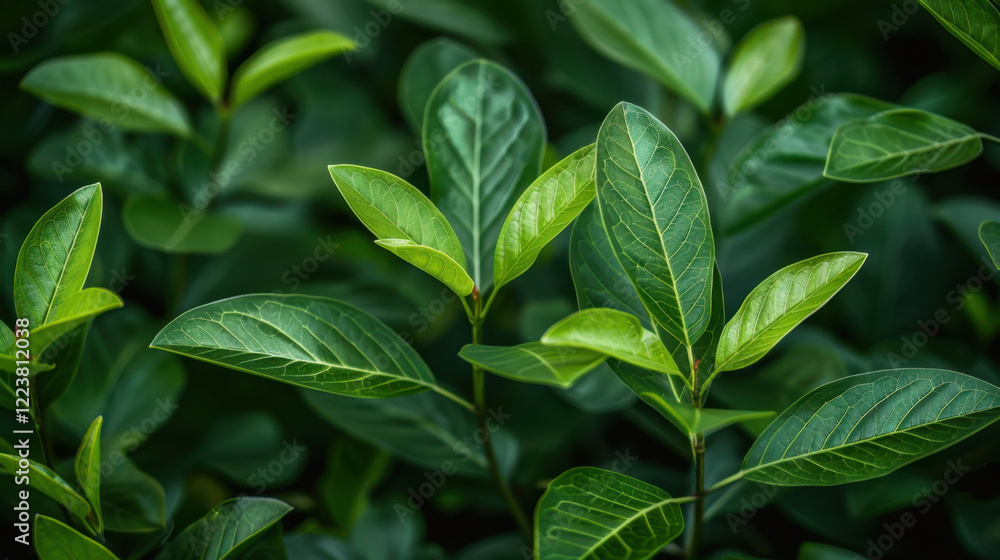 Lush green leaves with glossy texture, showcasing vibrant foliage in natural setting. rich greenery creates calming and refreshing atmosphere Lush green leaves with glossy texture, showcasing vibrant foliage in natural setting. rich greenery creates calming and refreshing atmosphere