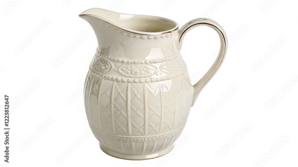 Cream-colored Ceramic Pitcher with Embossed Design Cream-colored Ceramic Pitcher with Embossed Design