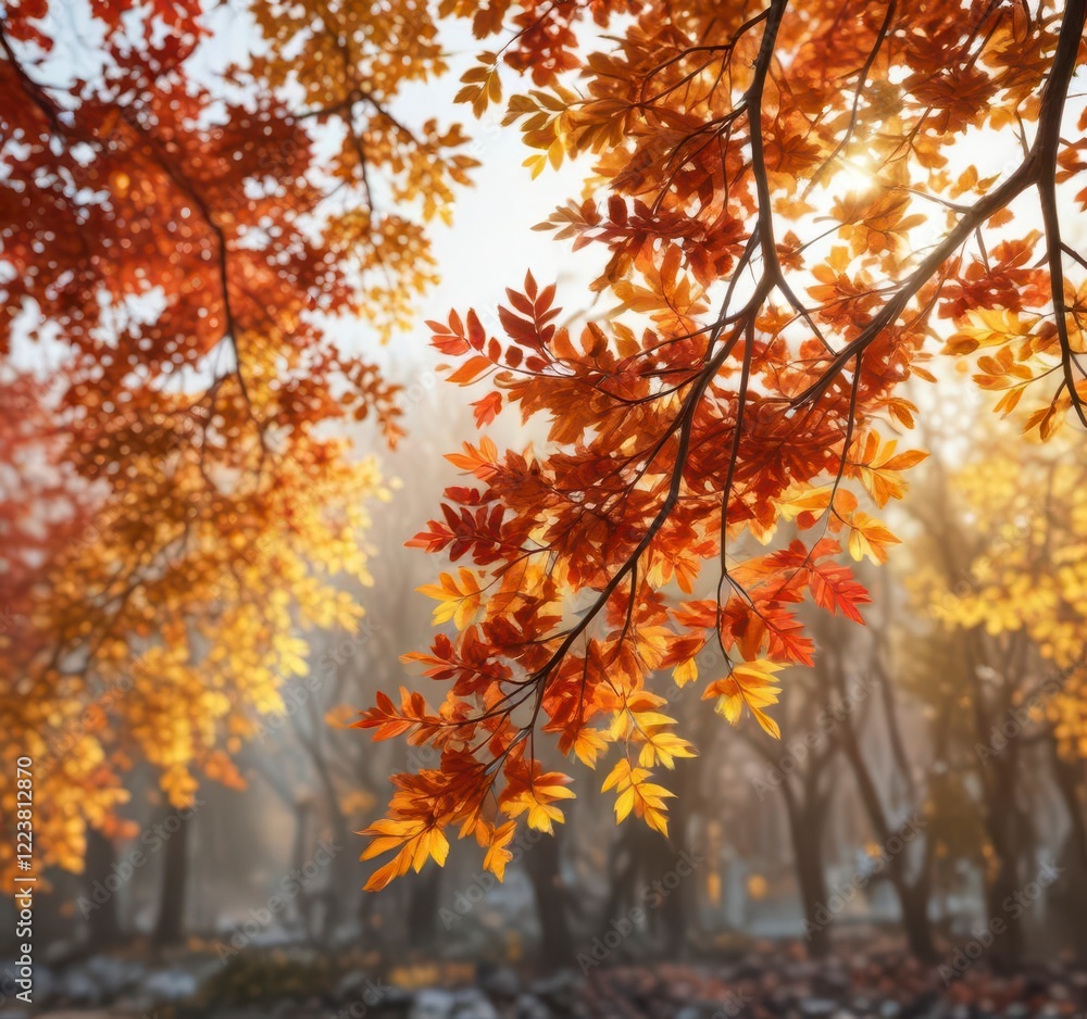 Autumn branch with vibrant leaves in warm sunlight, foliage, colorful leaves Autumn branch with vibrant leaves in warm sunlight, foliage, colorful leaves
